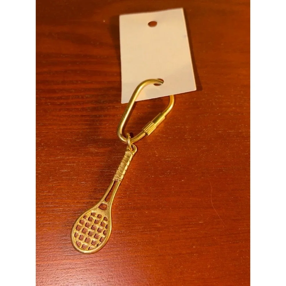 Gold Tone Tennis Racket Keychain Sports Charm Screw Lock Carabiner Accessory